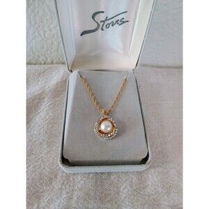 Faux Pearl In Gemstone Ring Gold Tone Necklace Twisted Chain